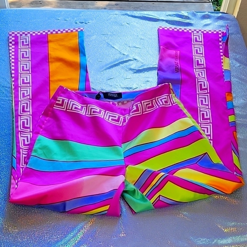 Versace 90s Vintage Colorful Pop Art Flare Silky High Waisted Hippie Pants SZ:30